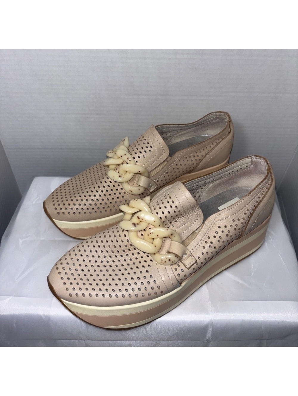Dolce Vita Beige Perforated Leather Platform Loafers with Chain Detail